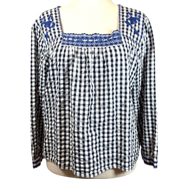 J. Crew Tops - J. Crew Gingham Embroidered Square Neck Blouse XL Cottagecore Boho Cotton Top